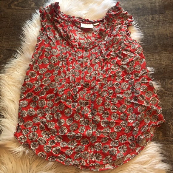 Maeve Anthropologie Red Floral Pleated Ruffle Tank - Picture 1 of 7